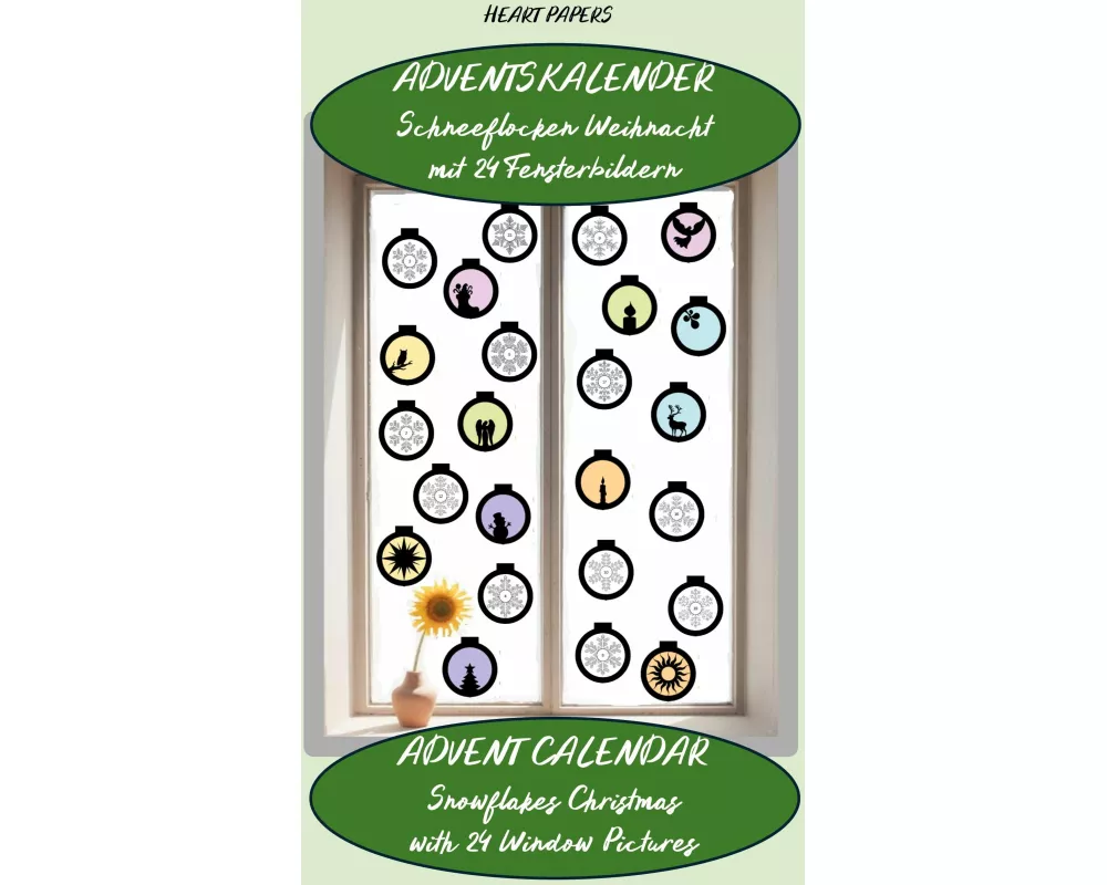 Adventskalender Schneeflocken Weihnacht 24 Fensterbildern - Advent Calendar Snowflakes Christmas with 24 Window Pictures