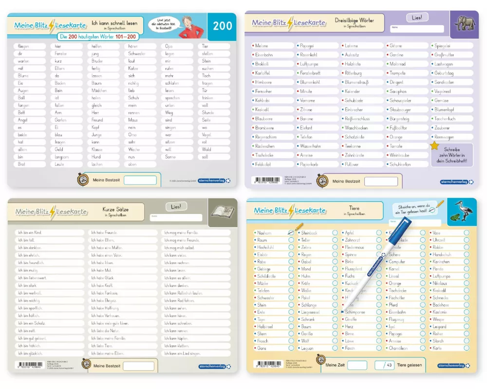 Meine Blitzlesekarten Set 4 zur Leseförderung (4 Lerntafeln mit Stift)