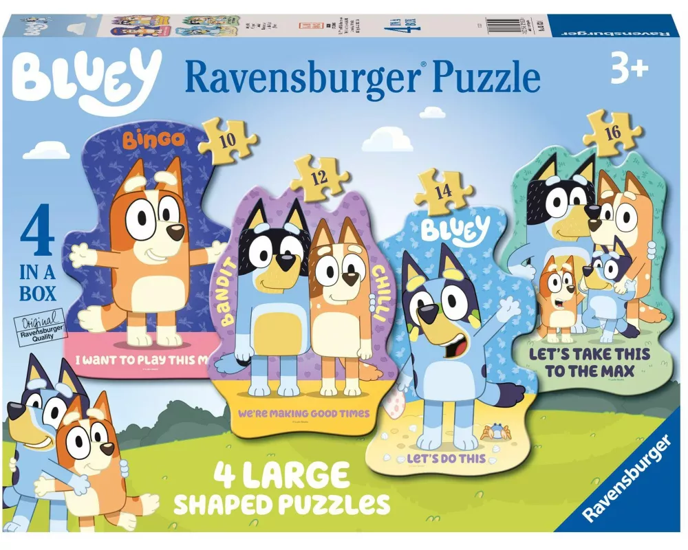 Ravensburger Kinderpuzzle 03132 - Bluey: Auf geht's! - 4 konturgeformte Puzzles mit 10, 12, 14 und 16 großen, stabilen Puzzleteilen, für kleine Bluey-