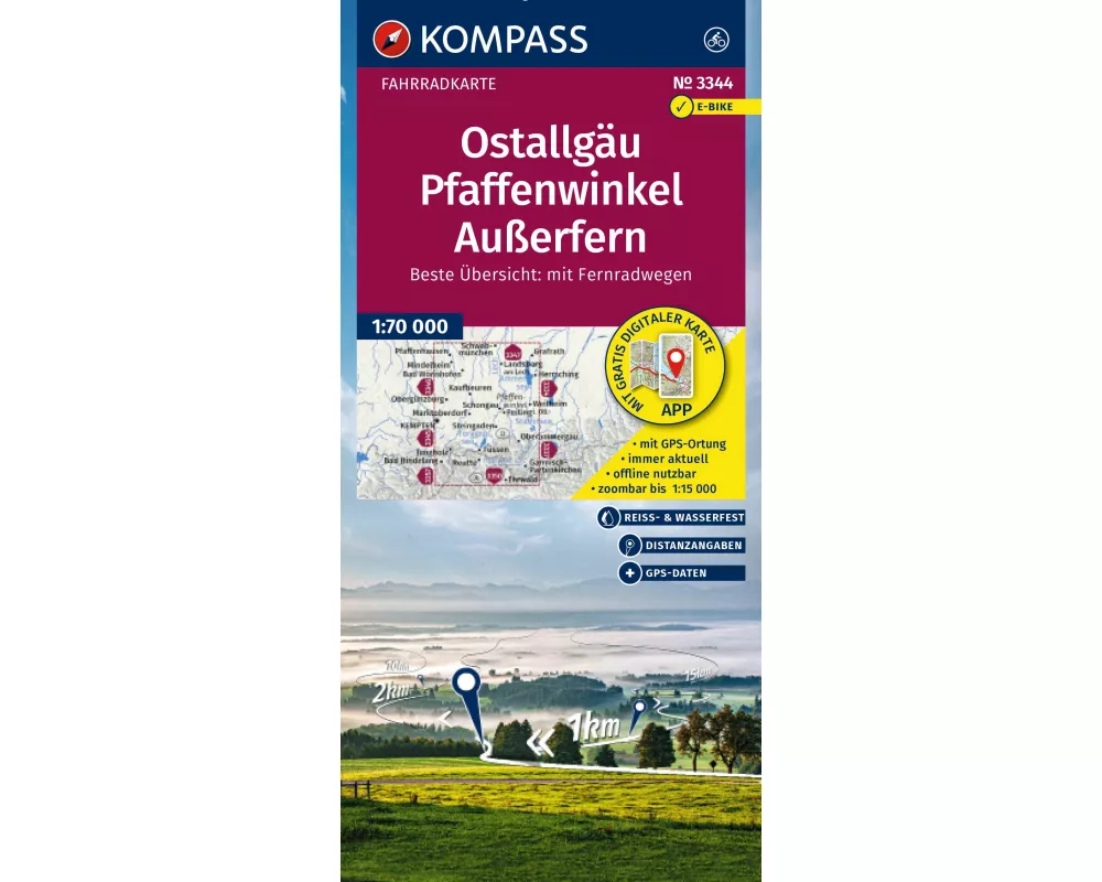 KOMPASS Fahrradkarte 3344 Ostallgäu, Pfaffenwinkel, Außerfern 1:70.000