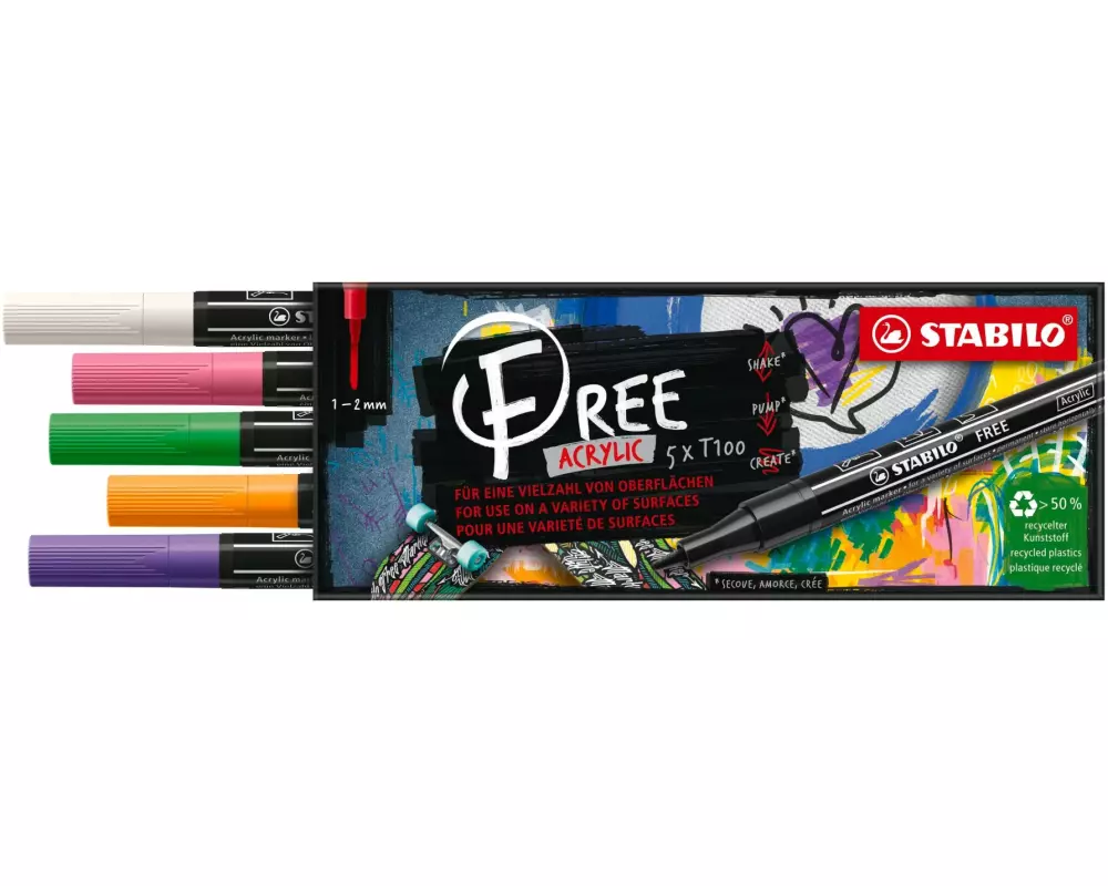 STABILO Acrylmarker Free Acrylic T100 Spring 5-Etui