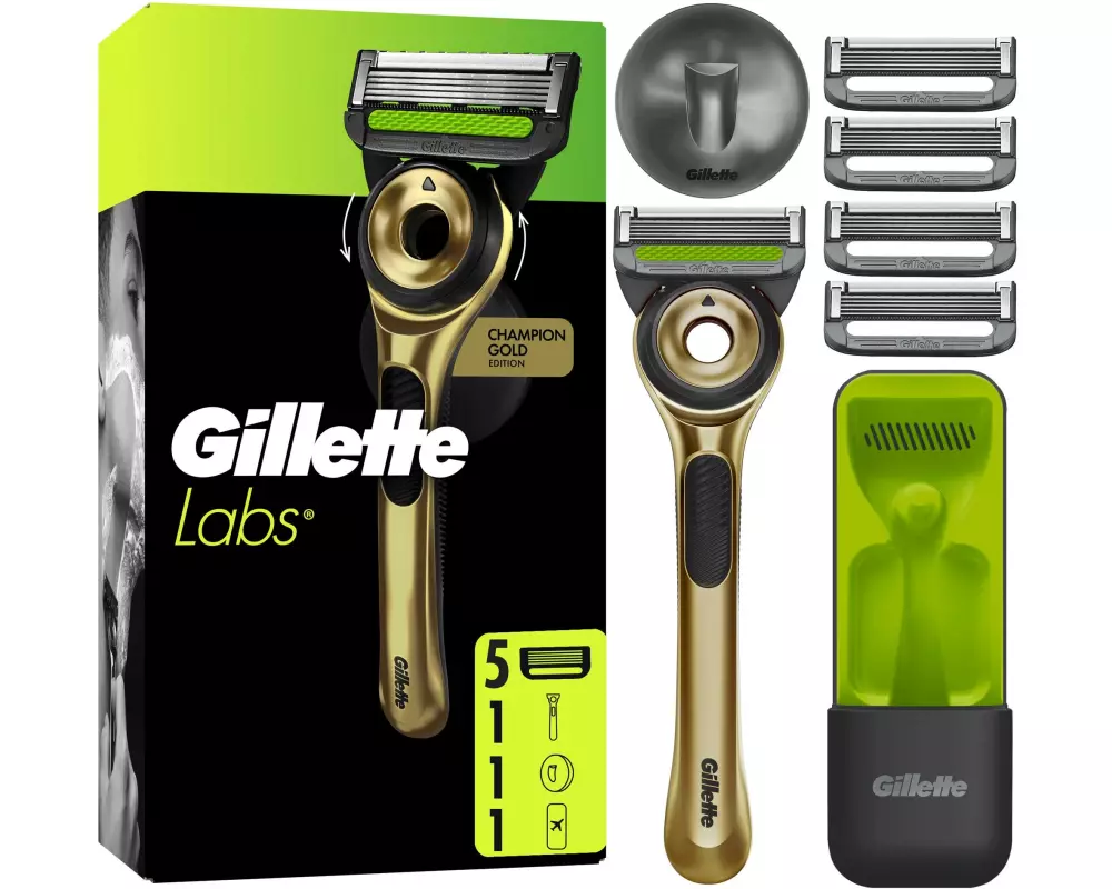 Gillette Herrenrasierer Labs Gold 5er + Handstück + Wandhalterung