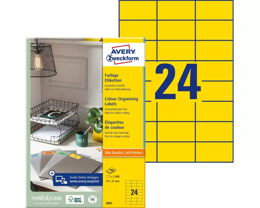 Avery Zweckform Universal-Etiketten 3451 70 x 37 mm, Gelb