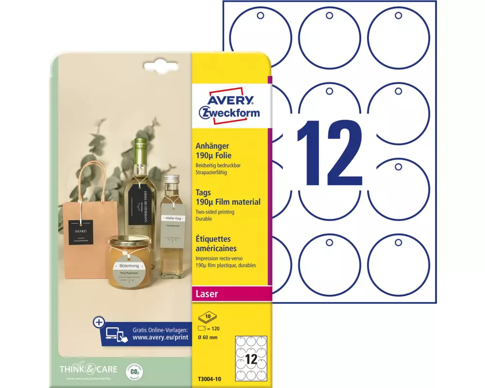 Avery Zweckform Hängeetiketten Tags 60 mm, 10 Blatt, 120 Stück