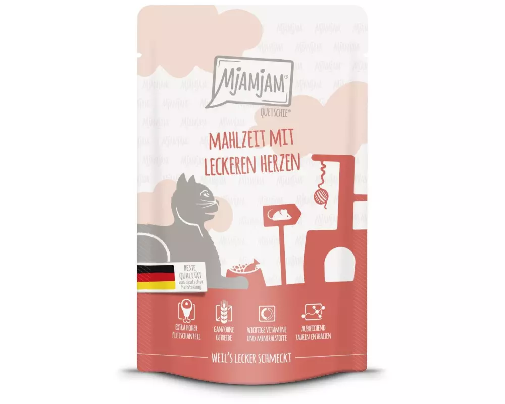 Mjamjam Nassfutter Quetschie Mahlzeit mit Herzen, 125 g