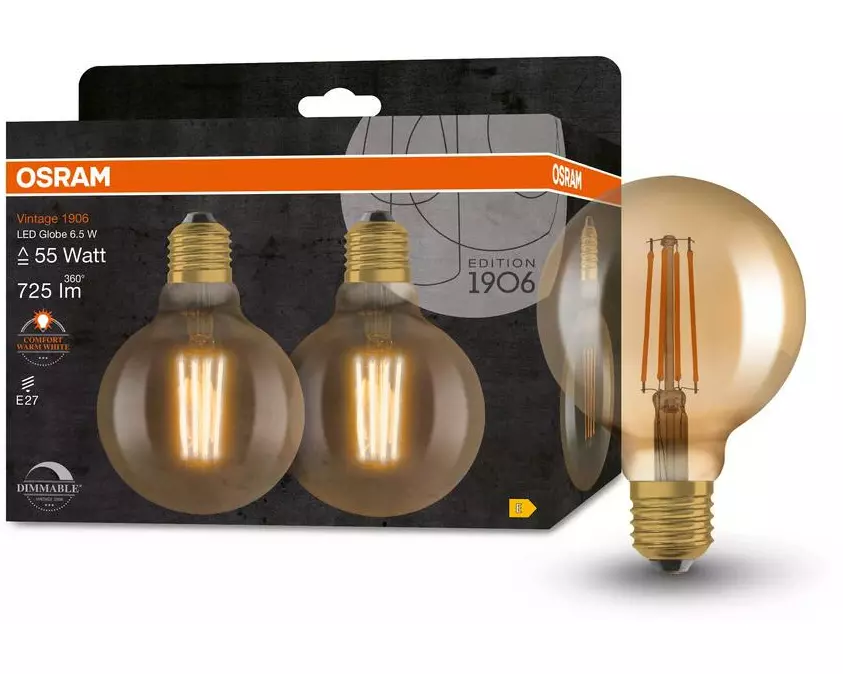 OSRAM Lampe Vintage 1906 Globe, 6.5W, E27, Warmweiss (WW)