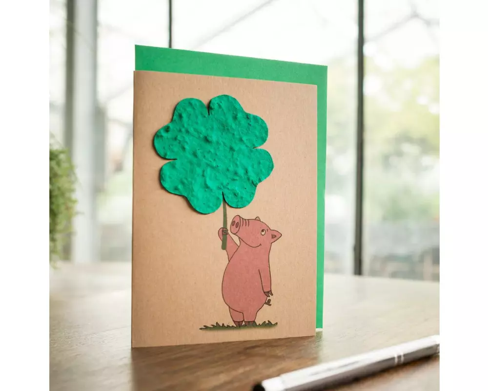 Die Stadtgärtner Schwein mit Kleeblatt Saatpapier, Natronkraftkarton, A6