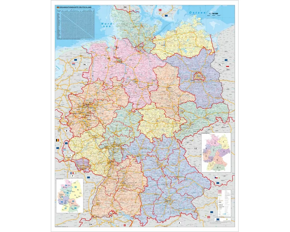 Orga-Karte Deutschland 1 : 750 000. Wandkarte Grossformat ohne Metallstäbe