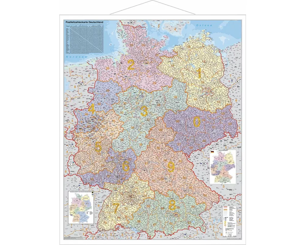 Postleitzahlen-Karte Deutschland 1 : 750 000. Wandkarte Grossformat mit Metallstäben