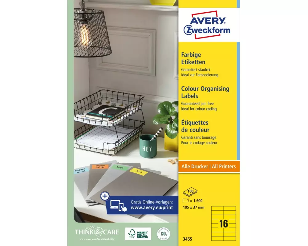 Avery Zweckform Universal-Etiketten 105 x 37 mm, Gelb, 1.600 Stück