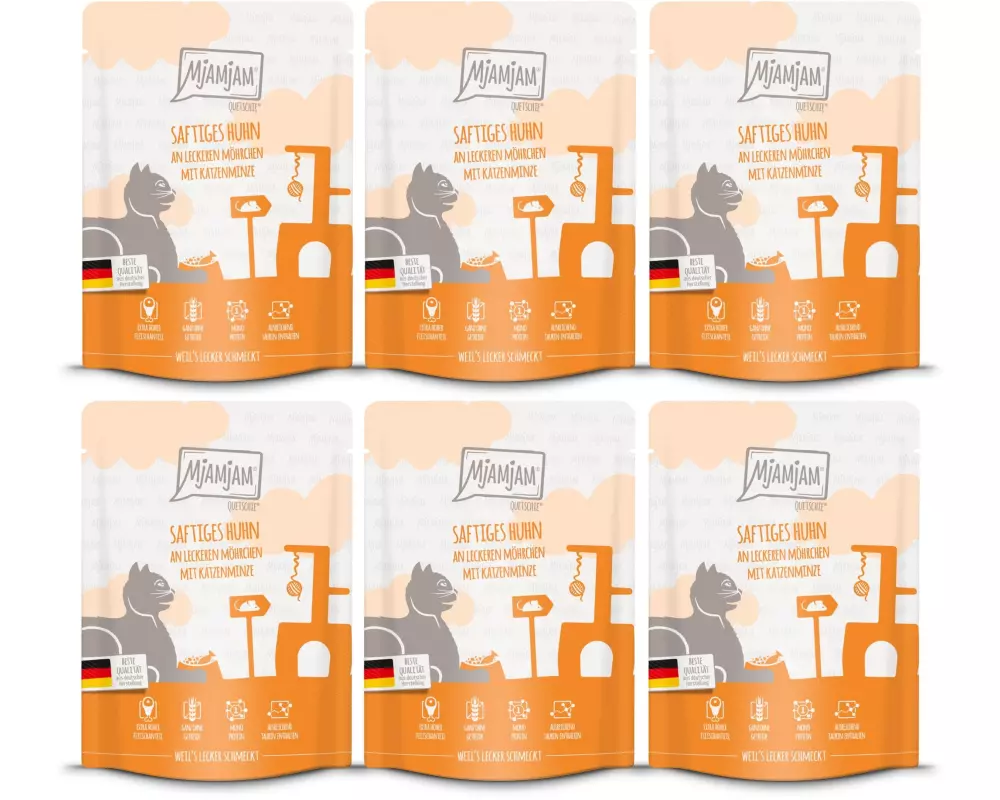 Mjamjam Nassfutter Quetschie Huhn & Mörchen, 6 x 300 g