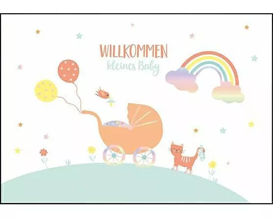 Doppelkarte. Willkommen kleines Baby (Kinderwagen)