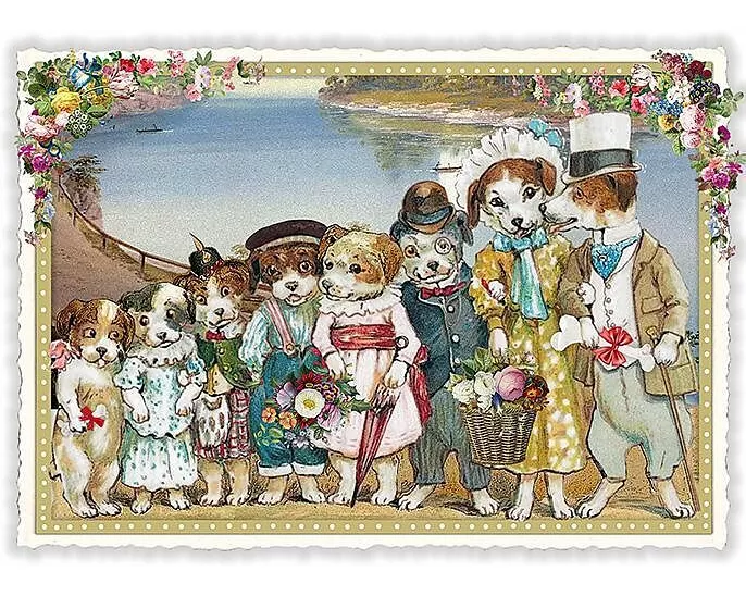 Postkarte / Hundefamilie / quer / blanko