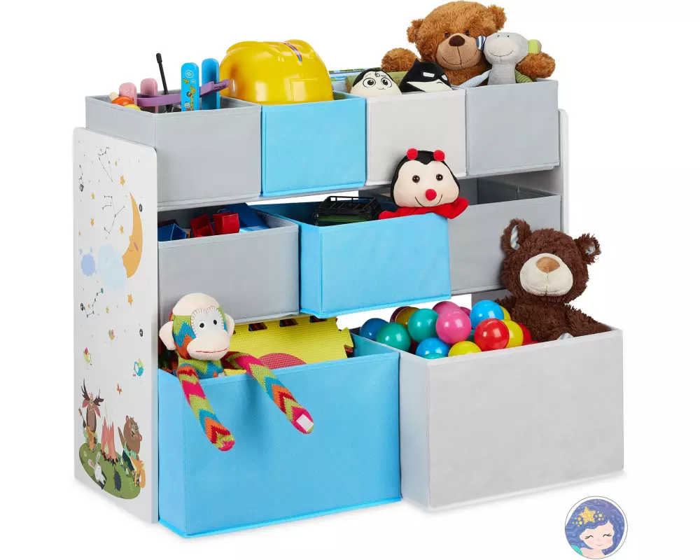 relaxdays Kinderregal, 9 Stoffboxen, Weiss / Grau / Hellblau