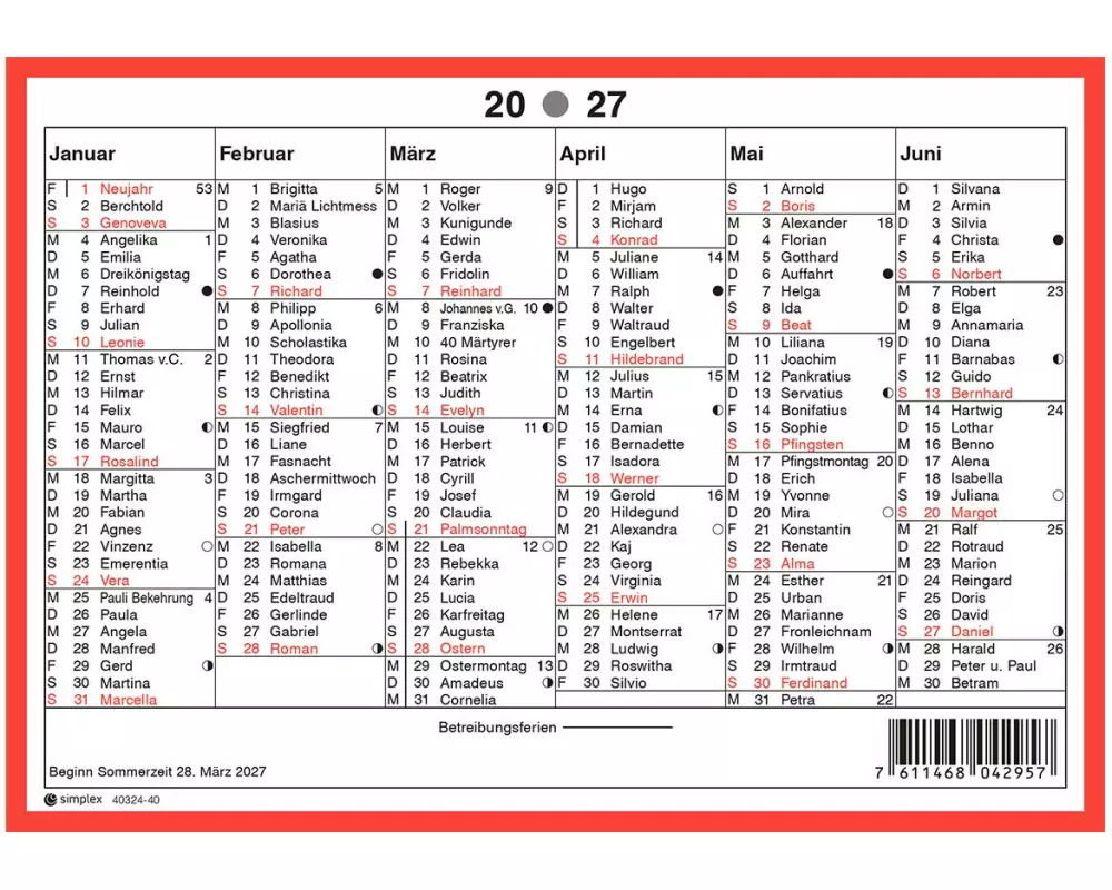 Simplex Wandkalender mit Namenstagen 2027 A5 Rot/Weiss