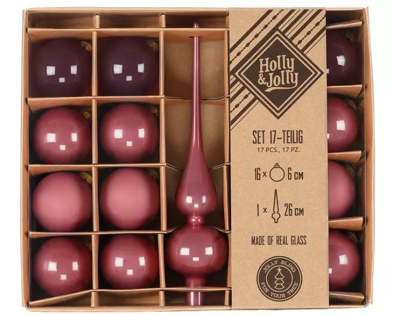 Holly & Jolly Weihnachtskugel Dusty Rose 17 Stück, 6cm – mit Spitze