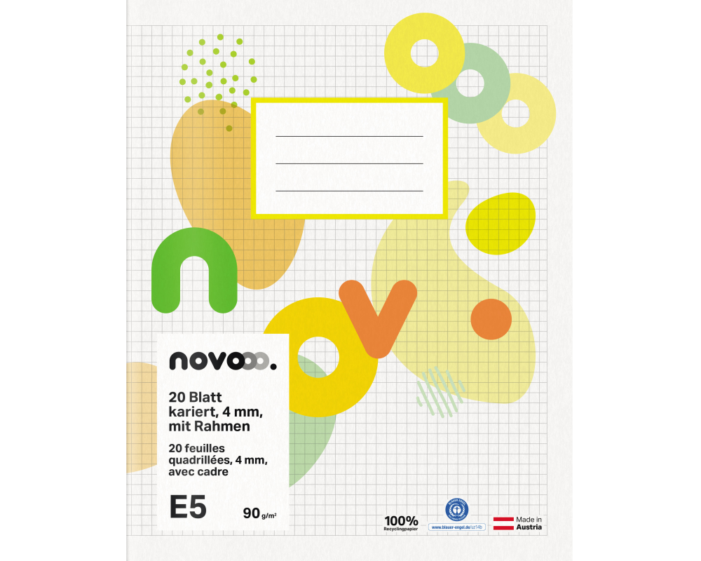 novooo. Schulheft E5, 4 mm kariert mit Rand 90 g 1 Stück