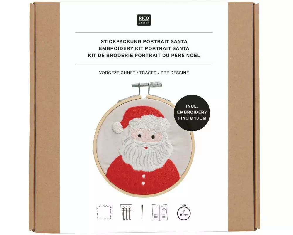 Rico Design Bastelset Stickpackung Vorgezeichnet, Portrait Santa 10 cm