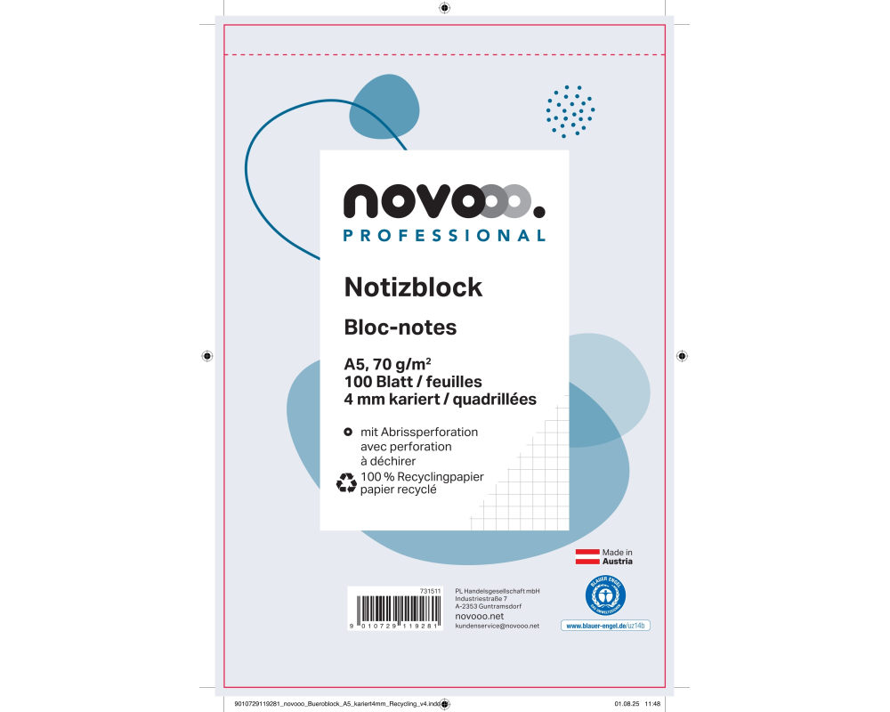 NOVOOO Notizblock recycling A5 731511 kariert 4mm, 70g 2x100 Blatt