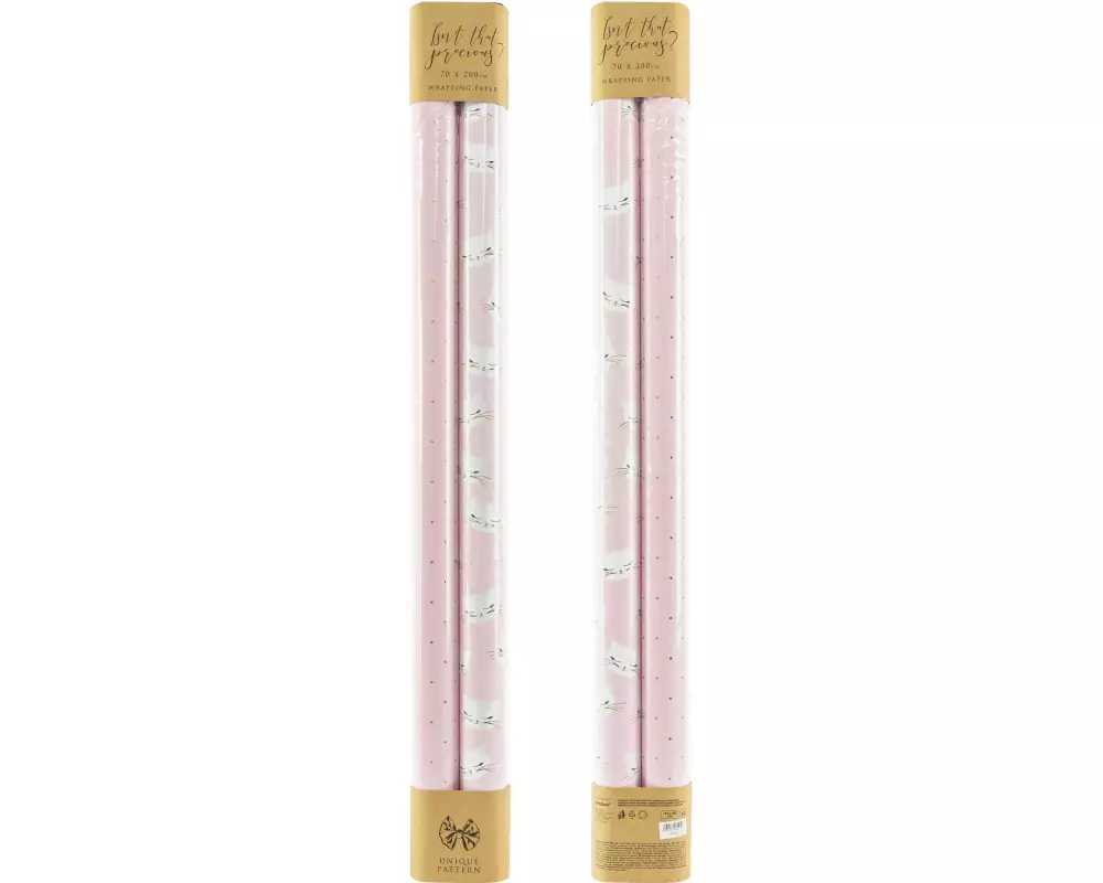 Partydeco Geschenkpapier Katze 2 Stück, Rosa/Weiss, 70 x 200 cm