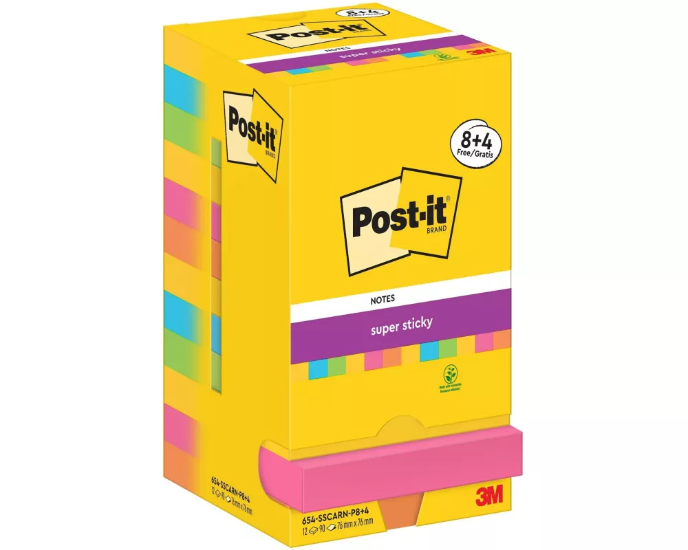 Post-it Notizzettel Super Sticky 76 x 76 mm, Carnival, 12 Blöcke