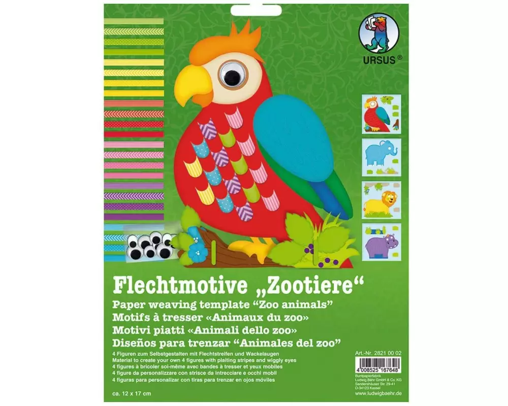 URSUS Bastelpapier Flechtpapier Zootiere, 4 Stück, Mehrfarbig
