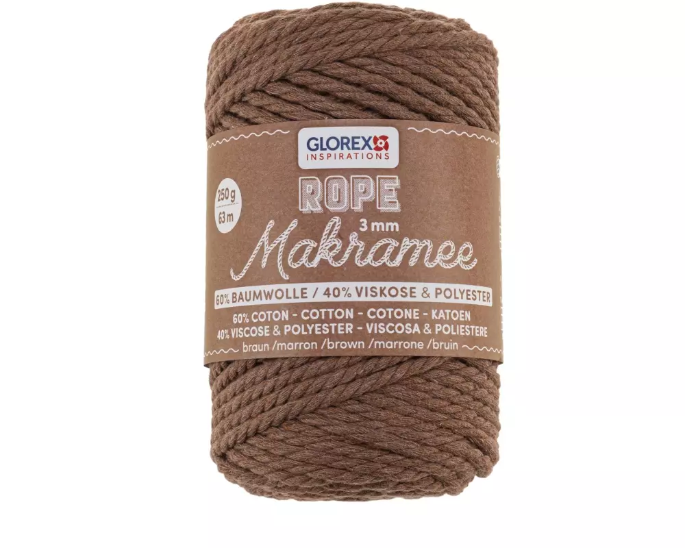 Glorex Wolle Makramee Rope gedreht 63 m x 3 mm, 250g, Braun