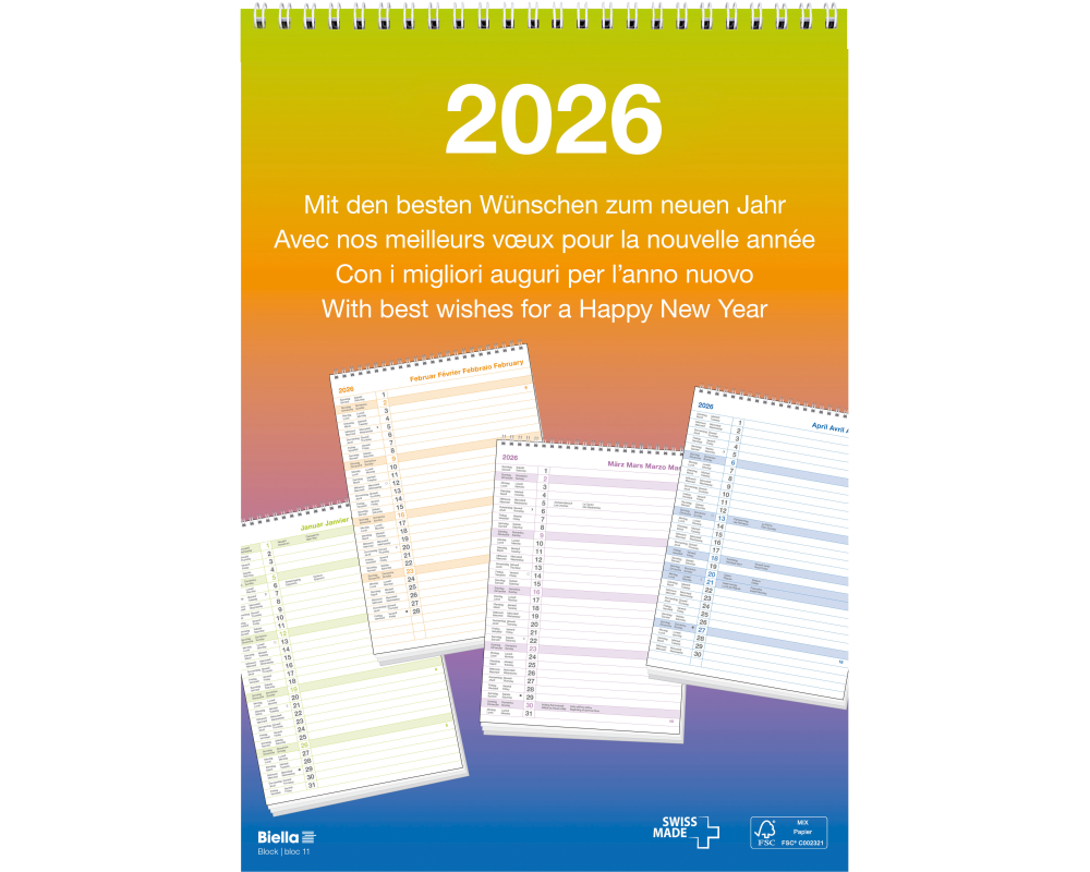 BIELLA Wandkalender Block Nr.11 2026 889011000026U 1M/1S Wire-O ML 21x29.7cm