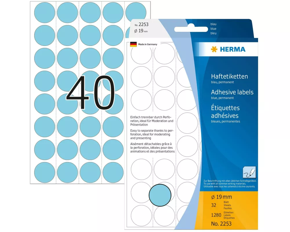 HERMA Vielzweck-Etiketten 2253 Blau Ø 19 mm, 32 Blatt