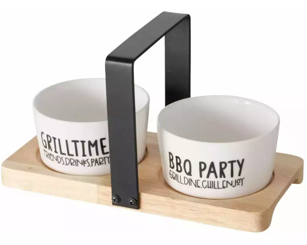 Boltze Servierplatte mit Schälchen Grillhouse Gummibaumholz