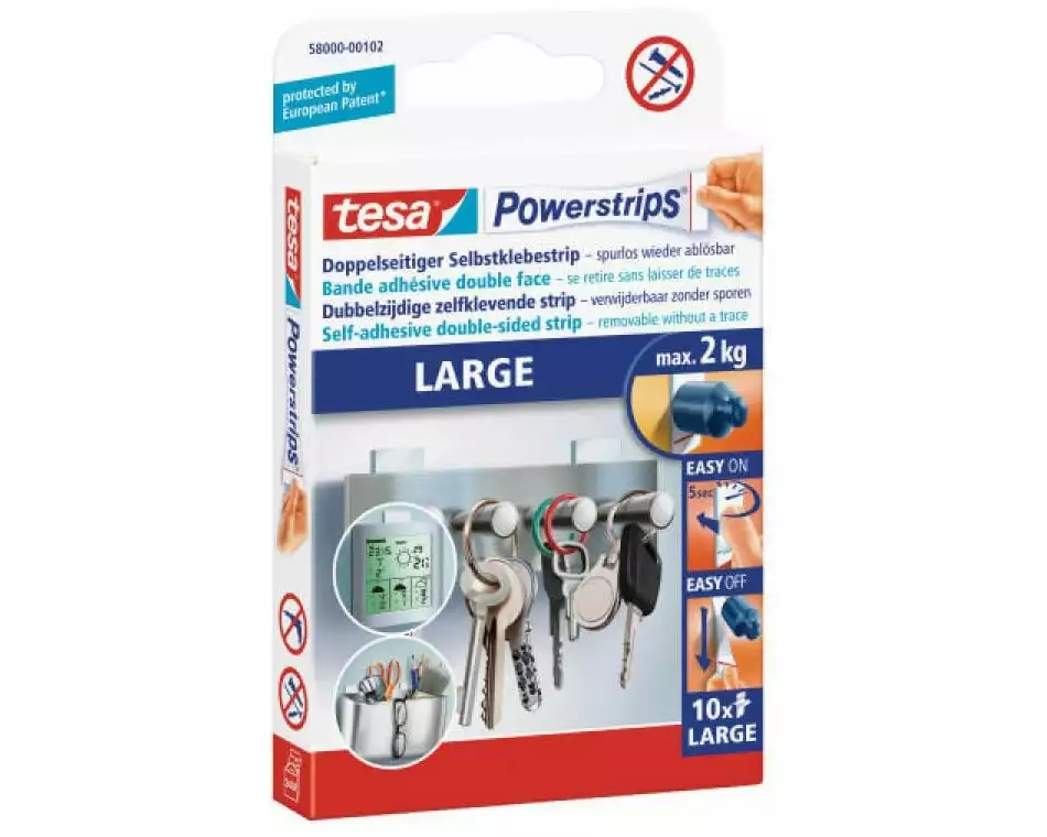 tesa Selbstklebestrip Powerstrips LARGE 10 Stück, Weiss, 2 kg