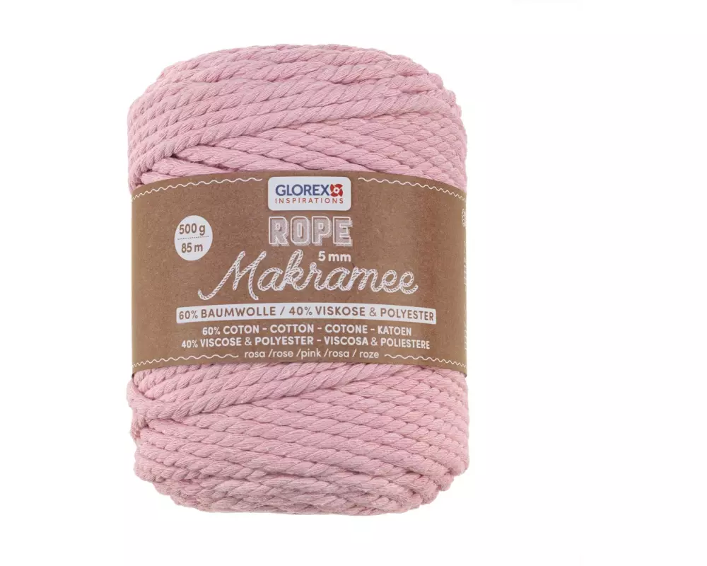 Glorex Wolle Makramee Rope gedreht 85 m x 5 mm, 500g, Rosa