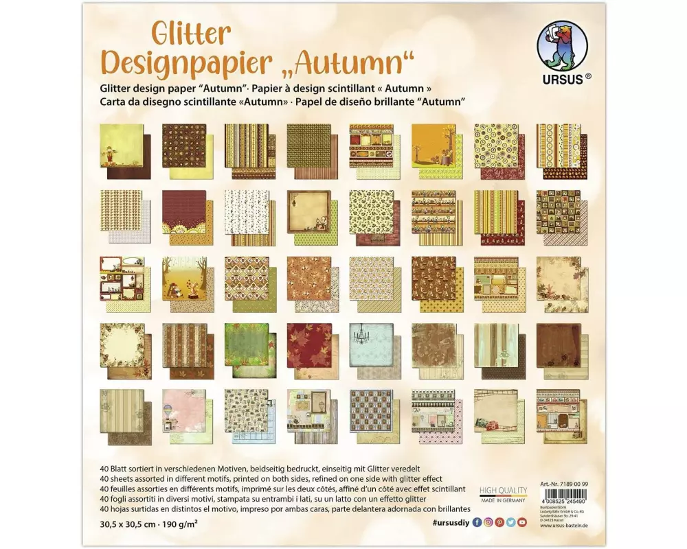 URSUS Designpapier Glitter Herbst 40 Blatt, 190 g/m²