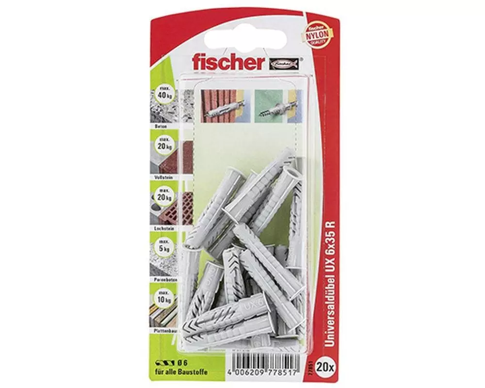 Fischer Universaldübel UX 6 x 35 R mit Rand, 20 Stück