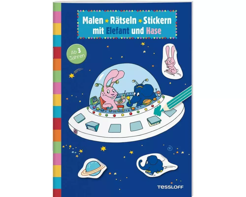 Malen • Rätseln • Stickern mit Elefant und Hase
