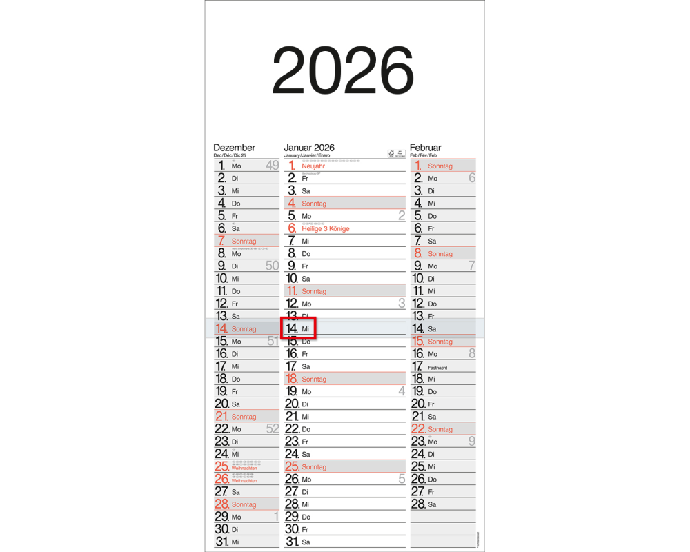 BÜHNER 3-Monatskalender 2026 M3TE-R-BLOCK ML 30x59cm