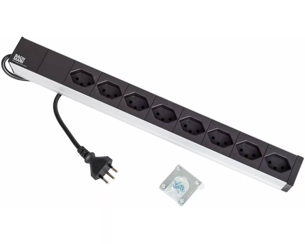 Bachmann IT PDU 19 inch 1U 8xCH T13 black, aluminium profile, clip angle, 3m power cord T12