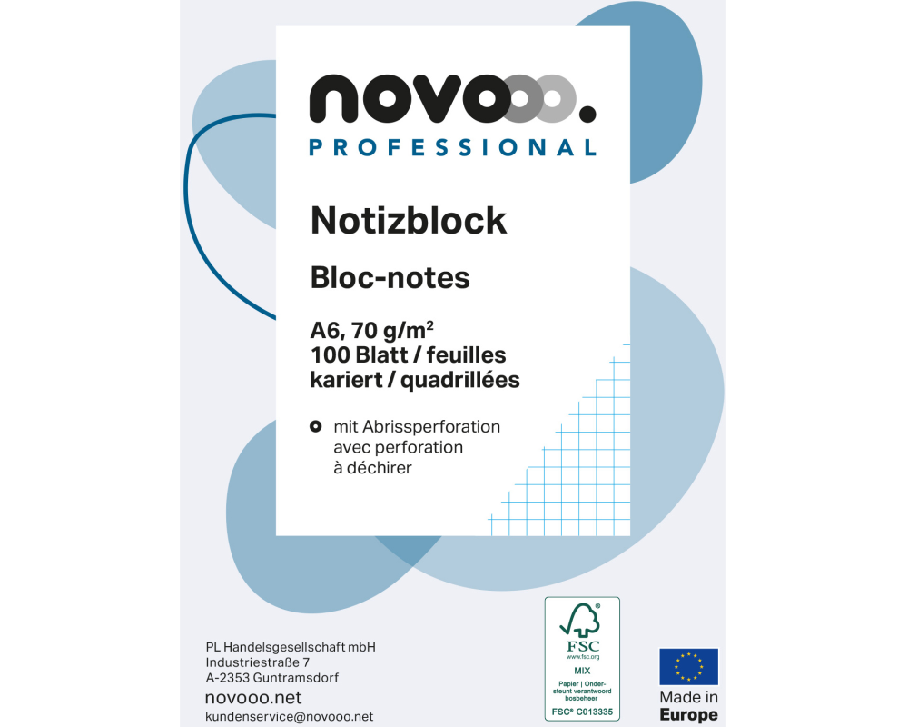 NOVOOO Notizblock weiss A6 694724 kariert 4mm, 70g 5x100 Blatt