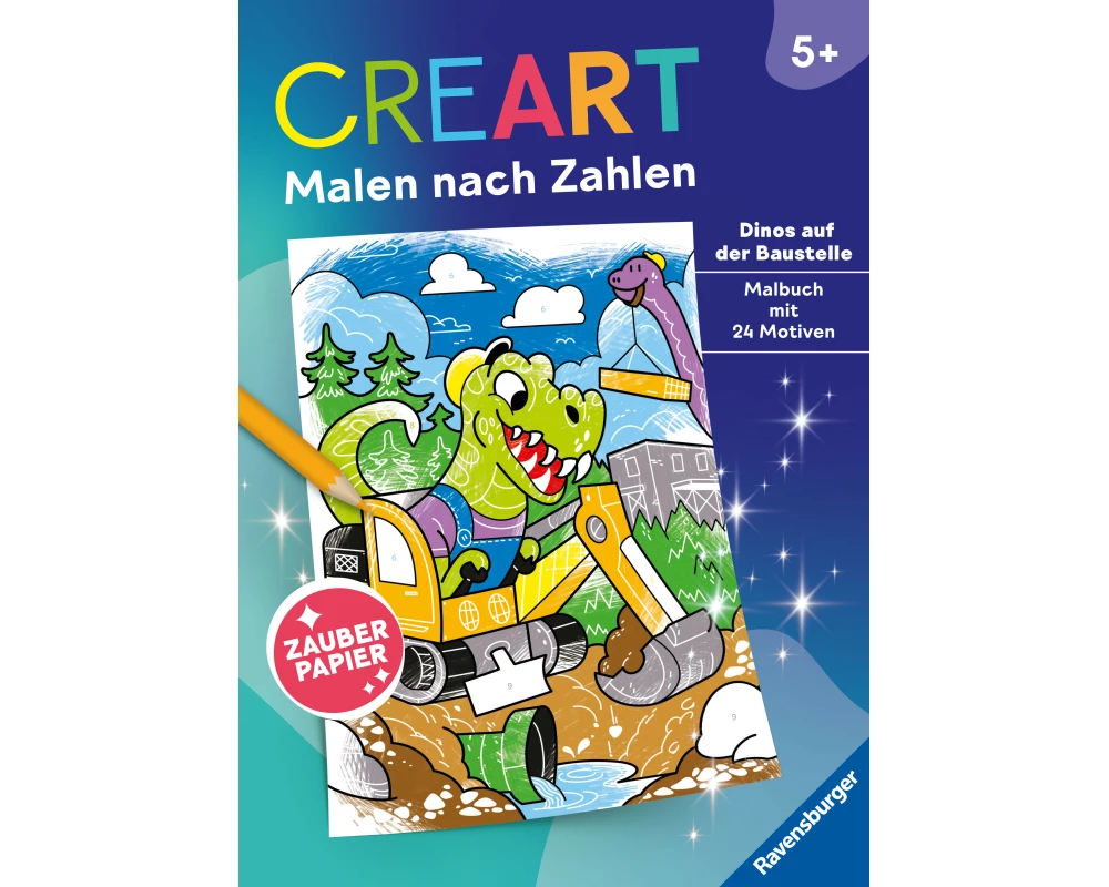 CreArt Malen nach Zahlen ab 5 - Zauberpapier: Dinos auf der Baustelle