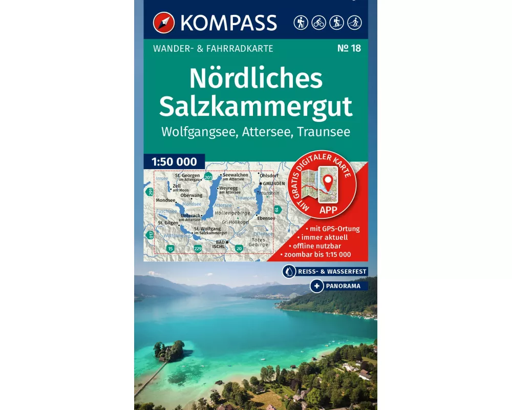 KOMPASS Wanderkarte 18 Nördliches Salzkammergut, Wolfgangsee, Attersee, Traunsee 1:50.000