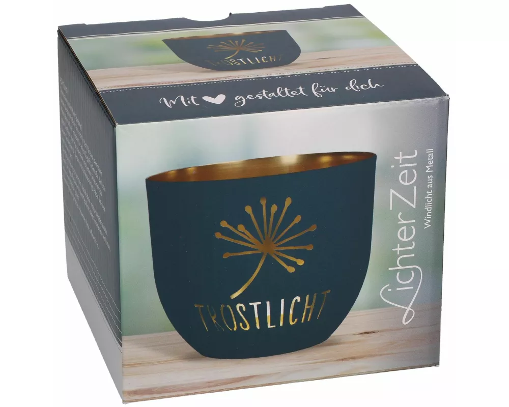 Butzon & Bercker Windlicht aus Metall Ø 9,2 cm – Metallwindlicht in dunkelgrau-matt, durchbrochenes Trost-Motiv, innen goldveredelt, in Geschenkverpac