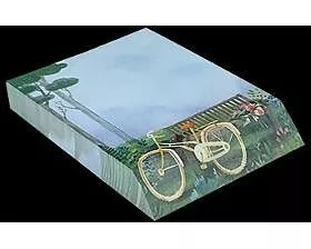 Notizblock - Notizzettel. Schrägschnittblock -Fahrrad mit Bank / blanko