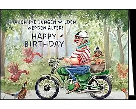 Doppelkarte / Happy Birthday (Mann auf Motorrad) / Quer
