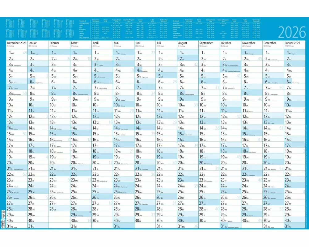Zettler Jahresplaner 14 Monate foliert mit blauen Hintergrund 2026 – Wandkalender groß 86 × 60 cm, abwischbar, Monatsübersichten Dez. 2025–Jan. 2027,