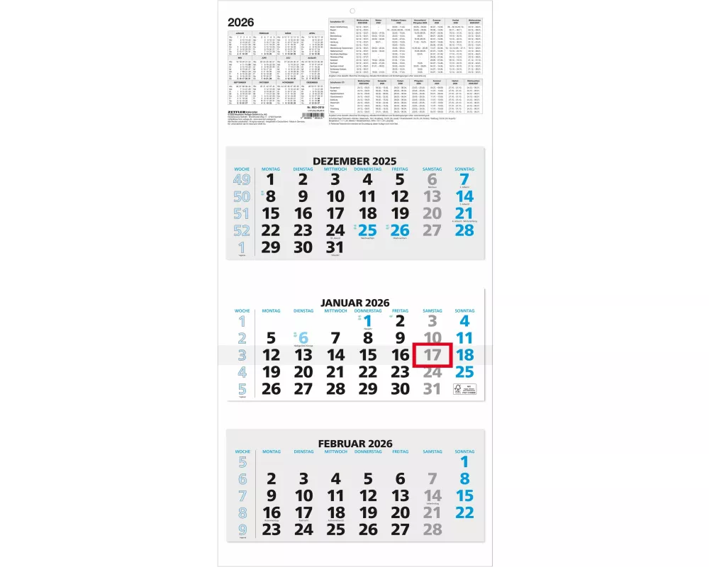 Zettler 3-Monatskalender blau 2026 – Wandkalender 32 × 70 cm, 3 Blöcke à 12 Blatt, 1 Monat pro Blatt, mit Datumschieber, Wochenzählung, Jahresübersich