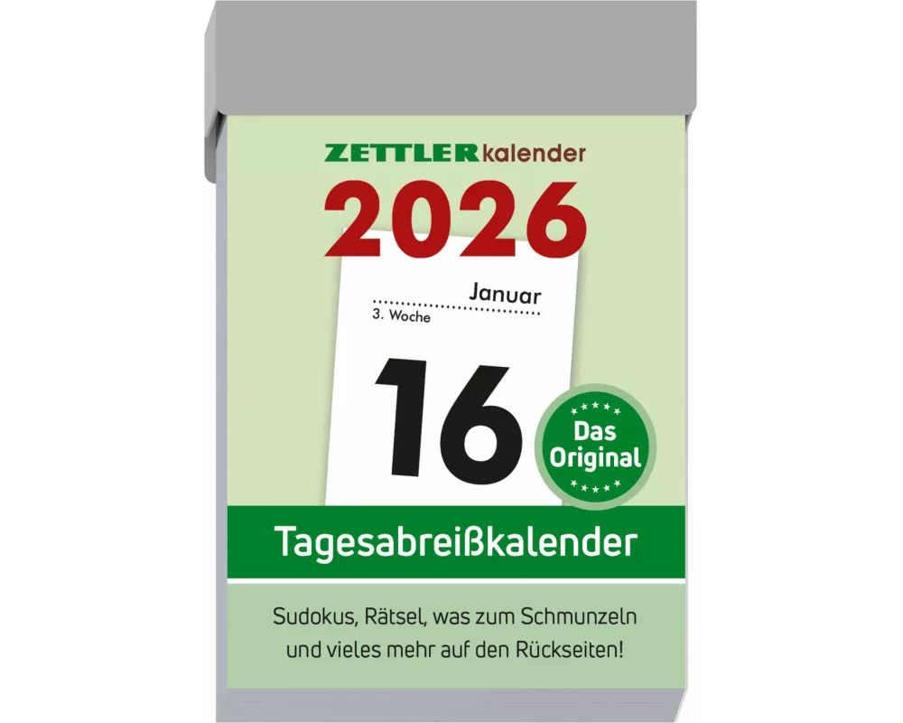 Zettler Tagesabreißkalender S 2026 – Abreißkalender 4 × 6 cm, 1 Tag pro Seite mit Sudoku, Rezepten, Rätseln & Tipps auf den Rückseiten, FSC-zertifizie