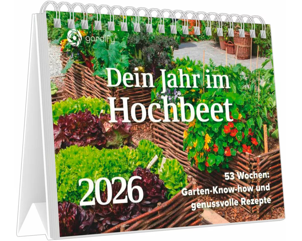 BJVV - Dein Jahr im Hochbeet 2026 – Wochenkalender 23×17 cm mit 53 Tipps, Rezepten & Anbauideen, Tischaufstellkalender mit Spiralbindung