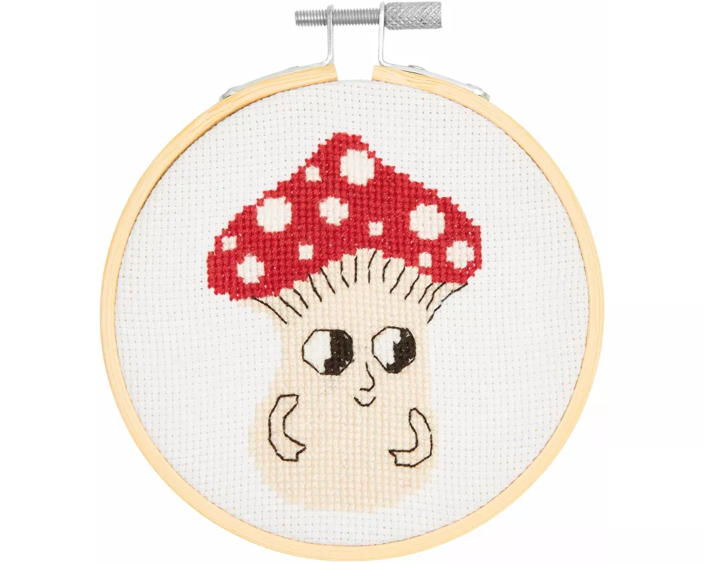 Stickpackung Gezählter Kreuzstich, Shroom kleiner Pilz, inkl. Stickring Ø 10 cm