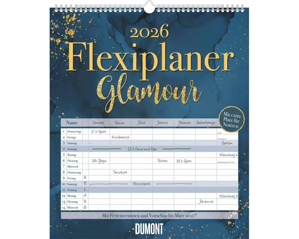 DUMONT - Flexiplaner Glamour 2026 – Familienplaner 35x40 cm – Wandkalender mit 7 Spalten, Mondphasen & Datumsstickern, stilvoll organisiert