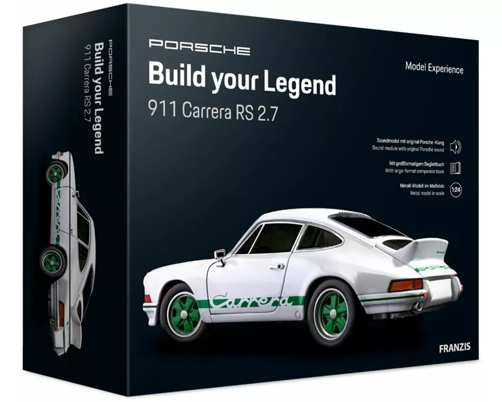 FRANZIS 67217 - Porsche 911 Carrera RS 2.7 Build Your Legend | Metall-Modellbausatz im Maßstab 1:24, inkl. Soundmodul und 72-seitigem Begleitbuch